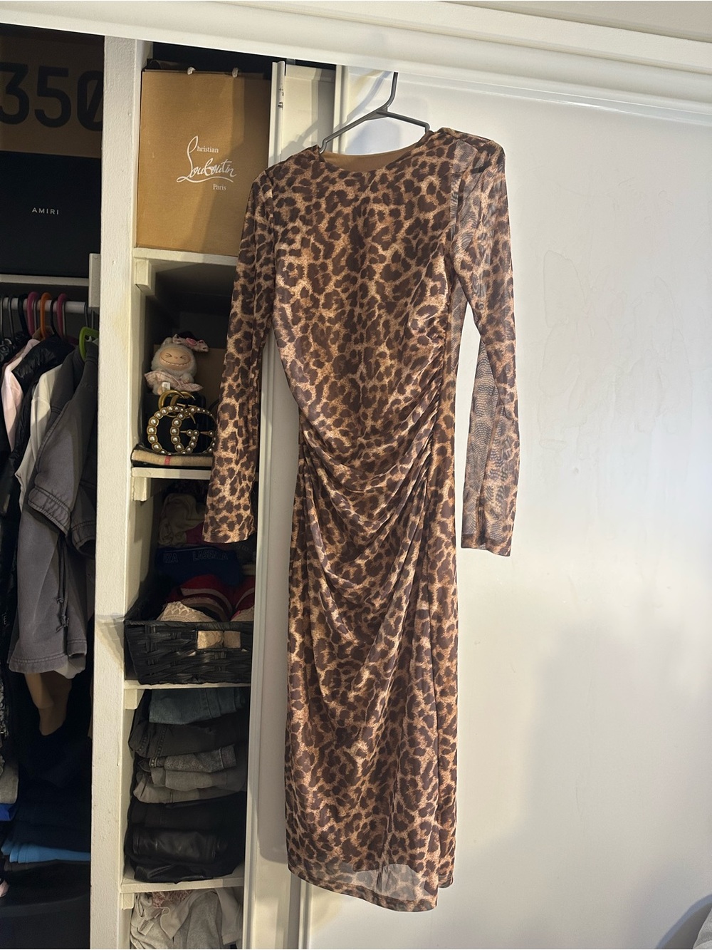 Leopard Print Long Sleeve Ruched Midi Dress — Brown